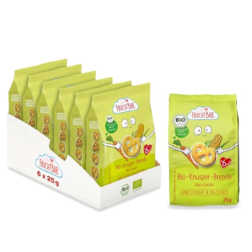 FruchtBar Bio Knusper Brezeln mit Mais & Karotte, 6er Pack, zucker- & salzfreier Kinder-Snack, Mais-Brezeln für Babys ab 6 Monaten & Kinder, 6 x 25g von FruchtBar