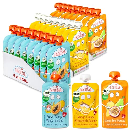 FruchtBar-Bio Quetschie, 24 Stk. Mix, 3 verschiedene Sorten, Fruchtpüree für Babys ab 6 Monaten & Kinder (Bio Quetschie Mix exotisch) von FruchtBar