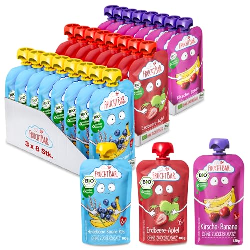 FruchtBar-Bio Quetschie, 24 Stk. Mix, 3 verschiedene Sorten, Fruchtpüree für Babys ab 6 Monaten & Kinder (Bio Quetschie Mix mit Beeren) von FruchtBar