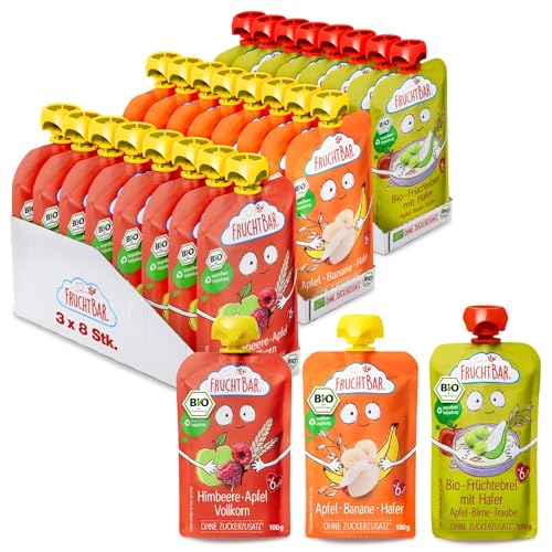 FruchtBar-Bio Quetschie, 24 Stk. Mix, 3 verschiedene Sorten, Fruchtpüree für Babys ab 6 Monaten & Kinder (Bio Quetschie Mix mit Getreide) von FruchtBar