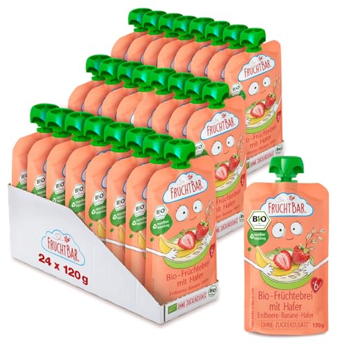 FruchtBar-Bio Quetschie, Vorratspack, verschiedene Sorten, Fruchtpüree für Babys ab 6 Monaten & Kinder (24 Stück, Bio Früchtebrei Erdbeere-Banane-Hafer) von FruchtBar