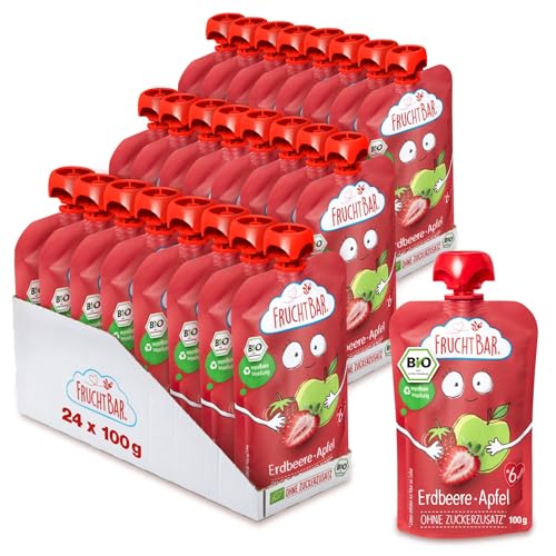 FruchtBar-Bio Quetschie, Vorratspack, verschiedene Sorten, Fruchtpüree für Babys ab 6 Monaten & Kinder (24 Stück, Bio Quetschie Erdbeere-Apfel) von FruchtBar