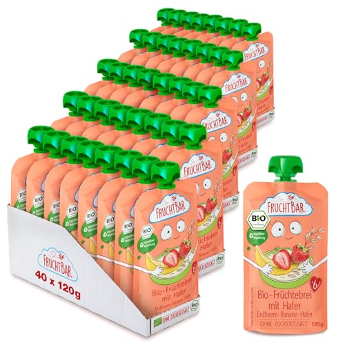 FruchtBar-Bio Quetschie, Vorratspack, verschiedene Sorten, Fruchtpüree für Babys ab 6 Monaten & Kinder (40 Stück, Bio Früchtebrei Erdbeere-Banane-Hafer) von FruchtBar