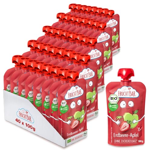 FruchtBar-Bio Quetschie, Vorratspack, verschiedene Sorten, Fruchtpüree für Babys ab 6 Monaten & Kinder (40 Stück, Bio Quetschie Erdbeere-Apfel) von FruchtBar