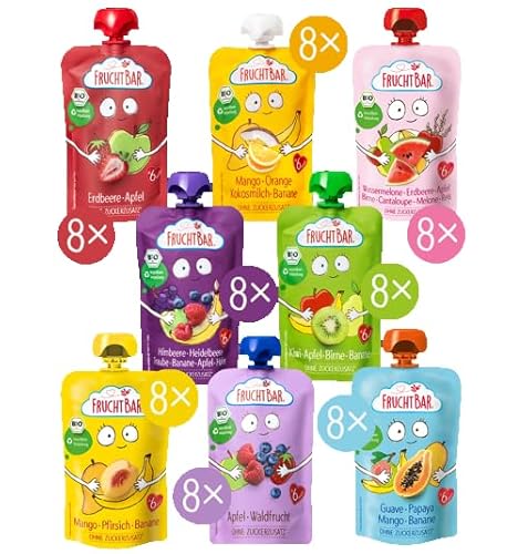 FruchtBar Bio Quetschie Sommer Set groß, acht Fruchtpüree-Sorten im Quetschbeutel für Babys ab 6 Monaten & Kinder, 64x 100g von FruchtBar