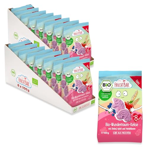 FruchtBar Bio Wundertraum Kekse mit Dinkel, Apfel und Heidelbeere, 16er Vorratsset zuckerfreier Kinder-Snack, für Babys ab 8 Monaten & Kinder, 16x100g von FruchtBar