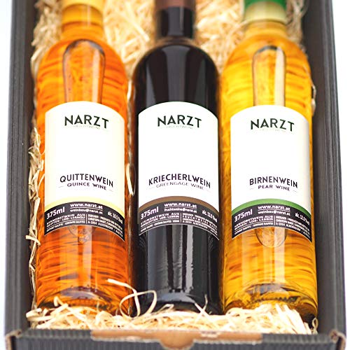 Fruchtwein Geschenkbox mit 3 Flaschen (Quitte, Kriecherl (Ringlotte), Birne - vegan) von Fruchtweine Narzt