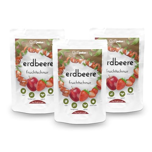 Fruitjunkies - Getrockneter Fruchtsnack "Erdbeere" - 3x 80g Fruchtschnüre - getrocknete Erdbeere als gesunde Snacks - gesunde Süßigkeiten ohne Zuckerzusatz - vegan & regional hergestellt von Fruitjunkies