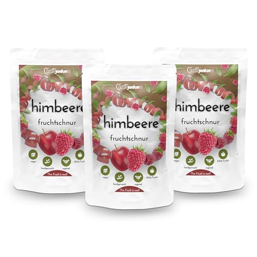 Fruitjunkies - Getrockneter Fruchtsnack "Himbeere" - 3x 80g Fruchtschnüre - getrocknete Himbeere als gesunde Snacks - gesunde Süßigkeiten ohne Zuckerzusatz - vegan & regional hergestellt von Fruitjunkies