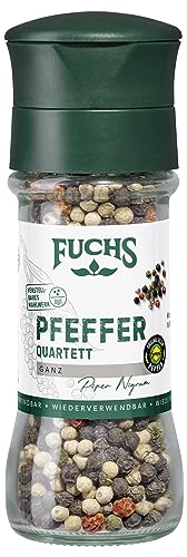 Fuchs Gewürze - Belém Pfeffer Quartett ganz - bunter Belém Pfeffer zum geschmackvollen Würzen allerlei Gerichte mit verstellbarem Mahlwerk - 55 g in wiederverwendbarer Mühle von Fuchs