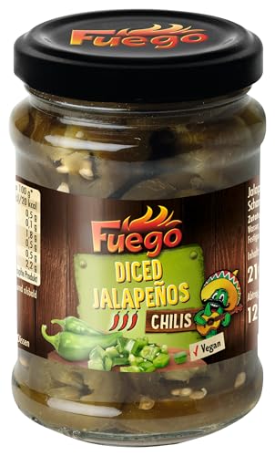 Fuego - Diced Jalapeños | Grüne Pfefferschoten in Würfeln | Spicy Topping für die TexMex Küche | 125 g (Abtropfgewicht) im Glas von Fuego