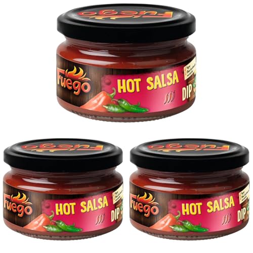 Fuego - Hot Salsa Dip | Mexikanische, fruchtig-scharfe Dip-Sauce | für Tortilla-Chips | Vegan, ohne Geschmacksverstärker | 200 ml (Packung mit 3) von Fuego