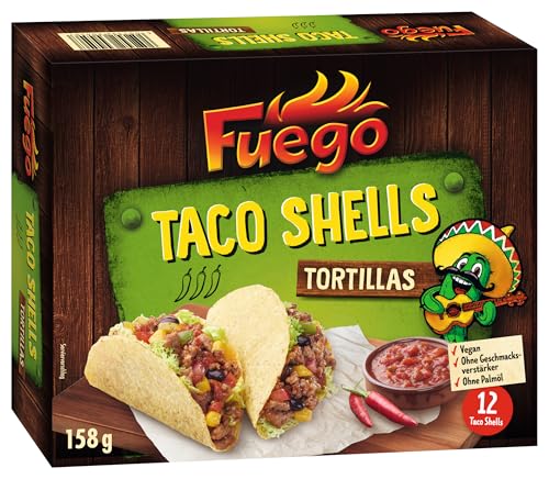 Fuego - Taco Shells, 12 Stück | Frittierte Taco-Schalen aus Mais | Zum Selbermachen von gefüllten Tacos | Vegan, ohne Geschmacksverstärker | 158 g von Fuego