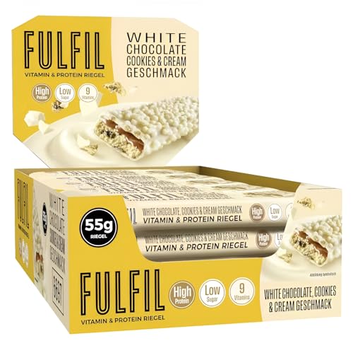 FULFIL Vitamin- und Protein-Riegel White Chocolate, Cookies und Cream Geschmack – High Protein, Low Sugar Snack mit weißer Schokolade und Vitaminen – 15 x 55 g von Fulfil