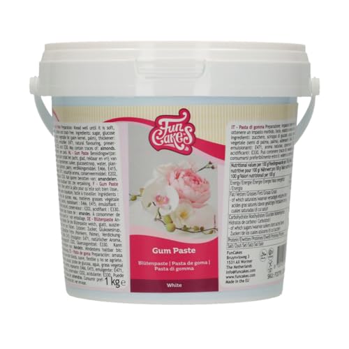 FunCakes Blütenpaste Weiß: Perfekt für Zuckerblumen, feine Blätter, Rüschen und mehr. Dünn ausgerollt, trocknet schnell, seidig, elastisch, gut, halal, koscher und glutenfrei. 1 kg. von FunCakes