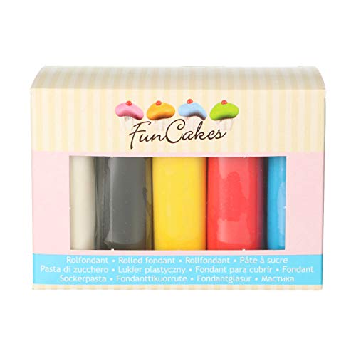 FunCakes Fondant Multipack Primary Colours: Einfach zu Verwenden, Flexibel, Perfekt zum Dekorieren von Torten, Halal, Koscher und Glutenfrei. 5 Farben: Weiß, Gelb, Blau, Rot und Schwarz. 5x100g von FunCakes