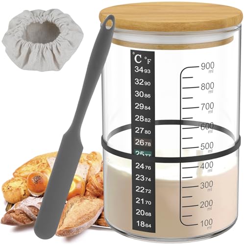 7 Stück Sauerteig Starter Set 900ml Sauerteig Glas mit Deckel Silikonspatel Thermometerpapier Gummiband Stoffhut Stift Etikett Sourdough Starter Kit für Brot Backen (A) von Fyeme