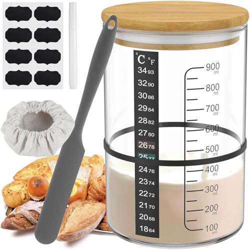 7 Stück Sauerteig Starter Set 900ml Sauerteig Glas mit Deckel Silikonspatel Thermometerpapier Gummiband Stoffhut Stift Etikett Sourdough Starter Kit für Brot Backen (B) von Fyeme