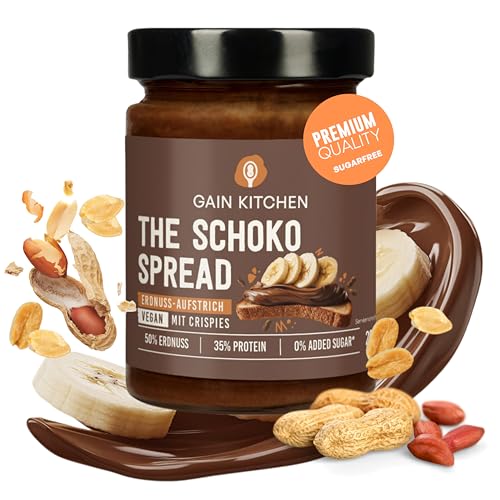 GainKitchen Erdnussbutter Protein Creme Crunchy [50% Erdnüsse] - Vegane Schokocreme ohne Zucker - Ideal als Brotaufstrich, Topping und Protein Snack [34 Gramm Eiweiß] - 1x 265g von GAIN KITCHEN