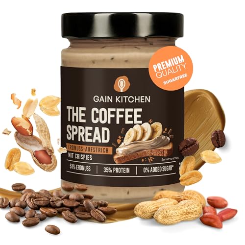 GainKitchen Erdnussbutter Protein Creme Crunchy [51% Erdnüsse] - Kaffeespread ohne Zucker - Ideal als Brotaufstrich, Topping und Protein Snack [35 Gramm Eiweiß] - 3x 265g von GAIN KITCHEN