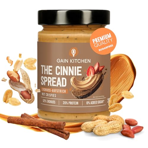 GainKitchen Erdnussbutter Protein Creme Crunchy [52% Erdnüsse] - Zimtspread ohne Zucker - Ideal als Brotaufstrich, Topping und Protein Snack [35 Gramm Eiweiß] - 1x 265g von GAIN KITCHEN