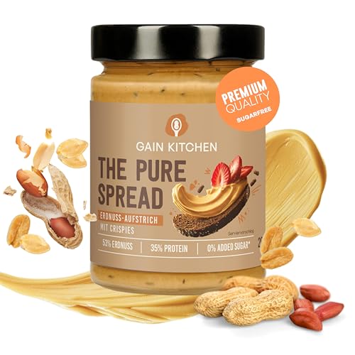 GainKitchen Erdnussbutter Protein Creme Crunchy [53% Erdnüsse] - Erdnusscreme ohne Zucker - Ideal als Brotaufstrich, Topping und Protein Snack [35 Gramm Eiweiß] - 1x 265g von GAIN KITCHEN