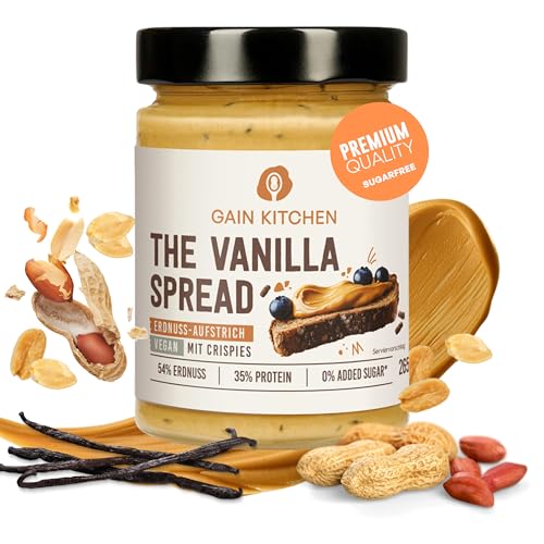 GainKitchen Erdnussbutter Protein Creme Crunchy [54% Erdnüsse] - Vegane Vanillecreme ohne Zucker - Ideal als Brotaufstrich, Topping und Protein Snack [35 Gramm Eiweiß] - 1x 265g von GAIN KITCHEN