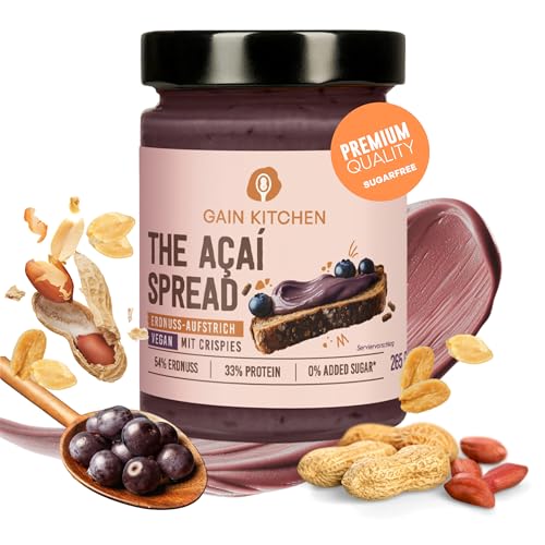 GainKitchen Erdnussbutter Protein Creme Crunchy [54% Erdnüsse] - Veganer Acaispread ohne Zucker - Ideal als Brotaufstrich, Topping und Protein Snack [33 Gramm Eiweiß] - 1x 265g von GAIN KITCHEN