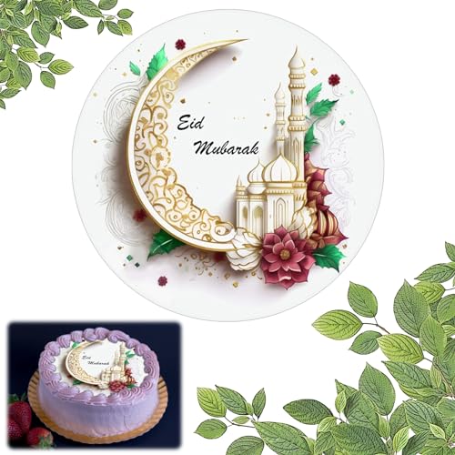 GAROMIA Essbare Tortenaufleger Eid Mubarak Tortendeko Kuchendekoration Essbar Ramadan Tortenaufleger Essbare Mubarak Fondant Kuchendekoration Mubarak Tortenbild Verzierungen zum Mubarak 20cm von GAROMIA