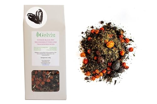GELVIU Bio Schwarzer Tee Lose “Yunnan”- Schwarztee mit Melissenblätter - Tee Geschenk - Geburtstagstee mit dem Aufdruck herz - Handgepflückt und Handverpackt (150g) von GELVIU