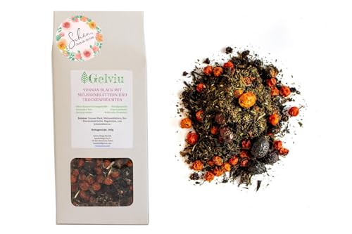GELVIU Bio Schwarzer Tee Lose “Yunnan”- Schwarztee mit Melissenblätter - Tee Geschenk - Geburtstagstee mit dem Aufdruck schon dass du da bist - Handgepflückt und Handverpackt (100g) von GELVIU