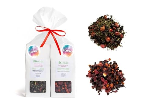 Gelviu Bio Tee Geschenkset Lose 2 x 100 g - Set Himbeertee und Früchtetee mit Brennnesselblätter - Tee Geschenk - Geschenkbox für jeden Anlass mit dem Aufdruck danke von GELVIU