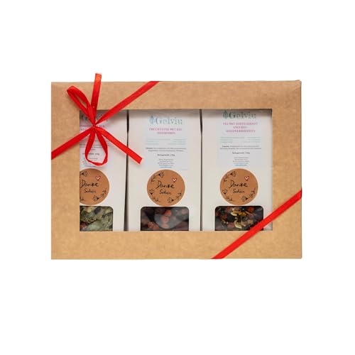 Gelviu Bio Tee Geschenkset Lose 3 x 100 g - Set Himbeertee, Misteltee und Himbeertee-Lindenblütentee - Tee Geschenk - Geschenkbox für jeden Anlass mit dem Aufdruck Danke Schon von GELVIU