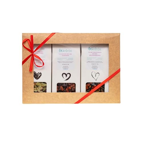 Gelviu Bio Tee Geschenkset Lose 3 x 100 g - Set Himbeertee, Misteltee und Himbeertee-Lindenblütentee - Tee Geschenk - Geschenkbox für jeden Anlass mit dem Aufdruck Herz von GELVIU