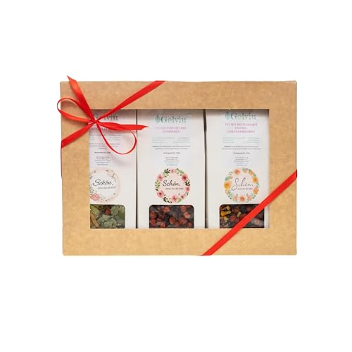 Gelviu Bio Tee Geschenkset Lose 3 x 100 g - Set Himbeertee, Misteltee und Himbeertee-Lindenblütentee - Tee Geschenk - Geschenkbox für jeden Anlass mit dem Aufdruck Schon Dass Du Da Bist von GELVIU