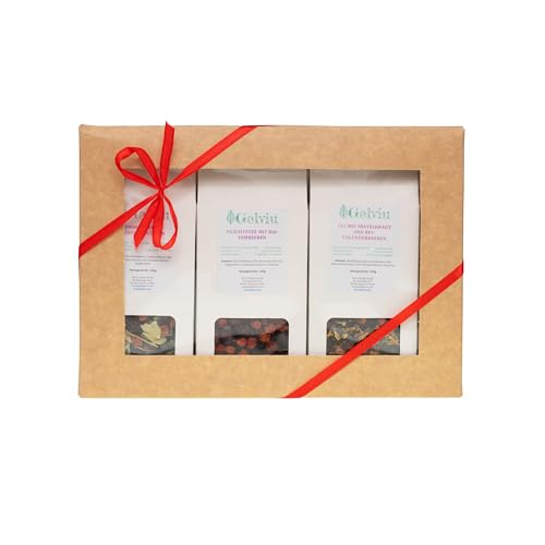 Gelviu Bio Tee Geschenkset Lose 3 x 100 g - Set Himbeertee, Misteltee und Himbeertee-Lindenblütentee - Tee Geschenk - Geschenkbox für jeden Anlass von GELVIU