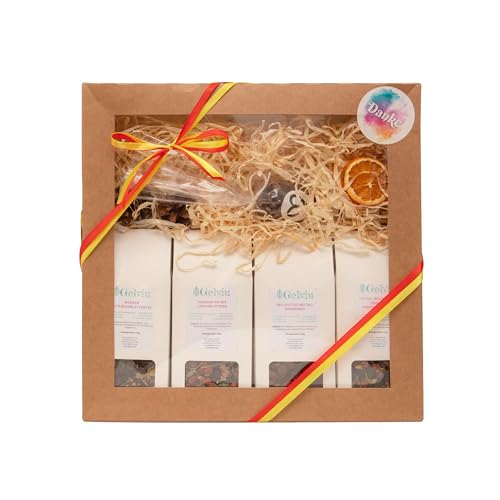 Gelviu Bio Tee Geschenkset Lose 430g - Set mit 5 verschiedenen Teesorten - Tee Geschenk - Geschenkbox für jeden Anlass - Handgepflückt und Handverpackt mit dem Aufdruck Danke von GELVIU