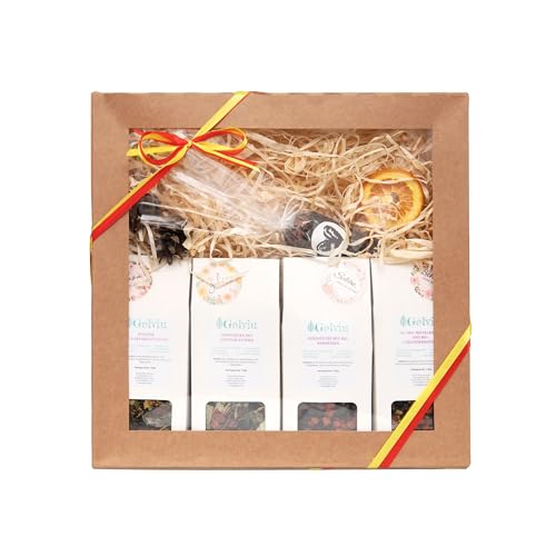 Gelviu Bio Tee Geschenkset Lose 430g - Set mit 5 verschiedenen Teesorten - Tee Geschenk - Geschenkbox für jeden Anlass - Handgepflückt und Handverpackt mit dem Aufdruck Schon Dass Du Da Bist von GELVIU