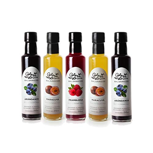 GLOSA MARINA 5er Gourmet Paket *HEIDELBEERE, MARACUJA, HIMBEERE* Crema Balsámica de Arandanos, Maracuyá, Frambuesa - Balsamico Gourmet Essig Creme (5 x 250ml) von GLOSA MARINA