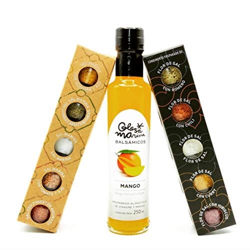 Mallorca Feinschmecker Geschenkpaket *ALCUDIA* - GLOSA MARINA Balsamico Essig Mango + Gourmet Meersalz 5er Sets No.2 Black Edition und No.3 von GLOSA MARINA