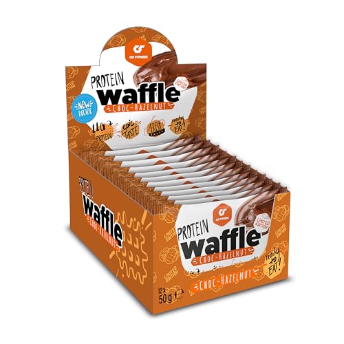 NEUE REZEPTUR - GO FITNESS – 50g High Protein Waffeln Haselnuss (12 Stück) | extrem lecker & frisch gebacken | gesunde Süßigkeiten zum Muskelaufbau | Eiweißriegel 12g Protein | Low Carb Snacks von GO FITNESS