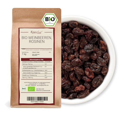 Kamelur 1kg dunkle BIO Rosinen ungeschwefelt - aromatische Weinbeeren schonend getrocknet und ungezuckert - hochwertige Rosinen BIO zum Verfeinern von Müsli & Co. von Kamelur