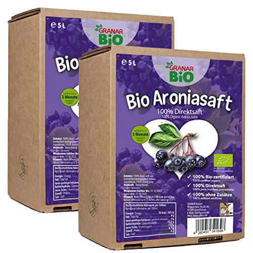 Bio Aronia Direktsaft, 100% Aroniasaft, 100% Bio - 5 Liter Boxen (2 x 5 Liter) von GRANAR Geschenke der Natur