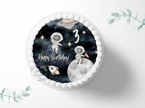 Tortenaufleger Astronaut im Weltall personalisierbar zum Geburtstag, ⌀20cm Zuckerbild, Foto für Torten, Fondant 3003G von GREAT BRITISH TRADING LIMITED