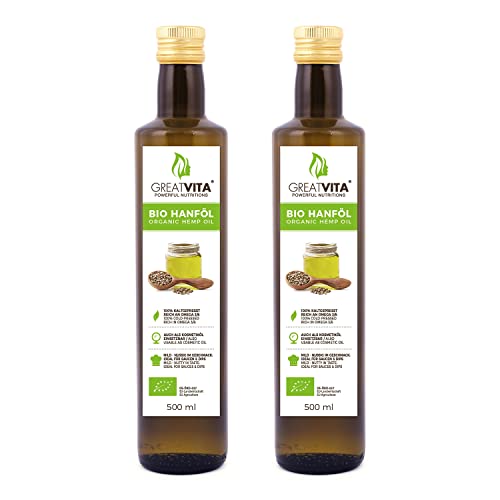 GreatVita Bio Hanföl, 100% rein & kaltgepresst, (2x 500ml) Hanfsamenöl hoher Anteil an Omega 3 & 6 Fettsäuren von Mea Vita