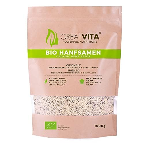 GreatVita Bio Hanfsamen, geschält, 1 kg | DE-Öko-037, reich an Proteinen, Omega-Fettsäuren & Vitaminen | Glutenfrei & in Rohkostqualität von GREAT VITA