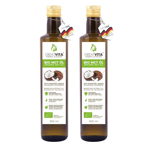 GreatVita Bio MCT Öl auf Kokosölbasis - 2x 500 ml | 60% Caprylsäure (C8) & 40% Caprinsäure (C10) Fettsäuren | 100% reines MCT Oil geschmacksneutral - Zuckerfrei, GVO-frei von GREAT VITA