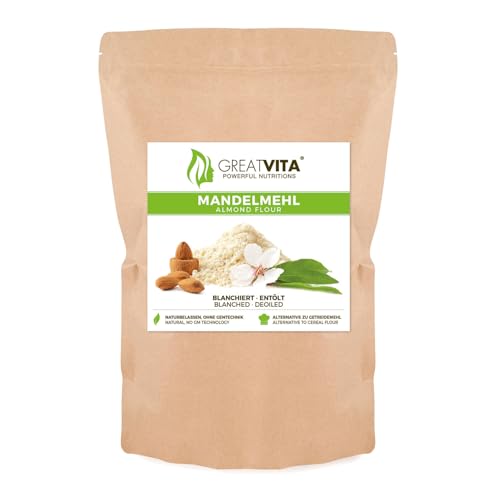 GreatVita Mandelmehl 1600g | Entölt & blanchiert, fein gemahlene Mandeln | Glutenfrei, proteinreich, ideal für Backen, Panieren & Low-Carb Rezepte von GREAT VITA