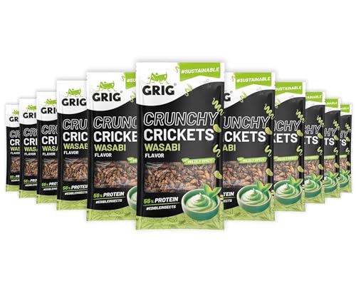 GRIG Essbare Insekten-Snacks für Menschen; Grillen, Heuschrecken, Mehlwürmchen; Protein knusprige Mischung, Verkostungsset, Party-Geschenksidee (12er-Pack Knusprige Grillen Wasabi (12x13g)) von GRIG