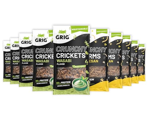 GRIG Essbare Insekten-Snacks für Menschen; Grillen, Heuschrecken, Mehlwürmchen; Protein knusprige Mischung, Verkostungsset, Party-Geschenksidee (12er-Pack Knusprige Grillen und Würmchen (12x13g)) von GRIG